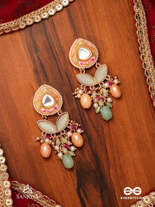 VASANTILATA - SPRING VINE- CHARMING PASTEL KUNDAN EARRINGS WITH GEMSTONES, BEADS AND PEARL DROPS