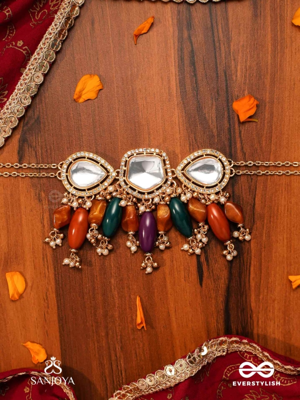 RASARANJANI - COLORFUL HARMONY- CONTEMPORARY KUNDAN STATEMENT NECKPIECE WITH DEEP-HUED BEADS AND PEARLS