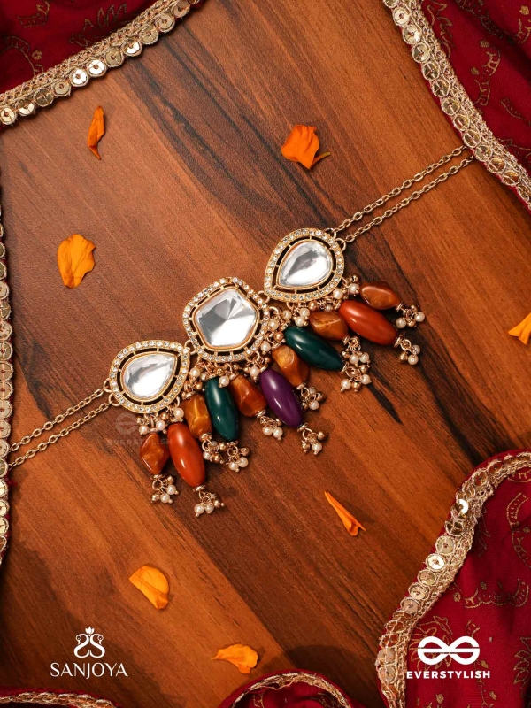 RASARANJANI - COLORFUL HARMONY- CONTEMPORARY KUNDAN STATEMENT NECKPIECE WITH DEEP-HUED BEADS AND PEARLS