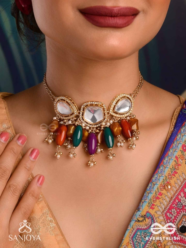 RASARANJANI - COLORFUL HARMONY- CONTEMPORARY KUNDAN STATEMENT NECKPIECE WITH DEEP-HUED BEADS AND PEARLS