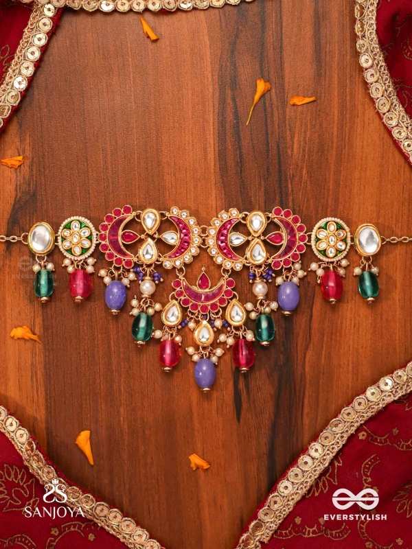 RANGAMAYA - FILLED WITH COLORS- INTRICATE KUNDAN CRESCENTS ENAMELLED NECKPIECE WITH VIBRANT BEADED FRINGES AND PEARLS