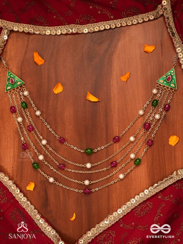 RANGLEKHA - LINES OF COLOR-  LAYERED GOLDEN CHAINED KUNDAN NECKPIECE WITH VIBRANT GEM DROPS AND FLORAL ENAMELED EDGES