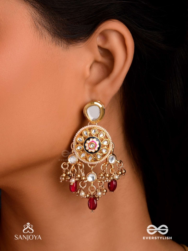 TRIBANDHURA - THREE-STRANDED BEAUTY-  KUNDAN EARRING WITH FLORAL ENAMELLED MEDALLIONS AND RUBY DROPS