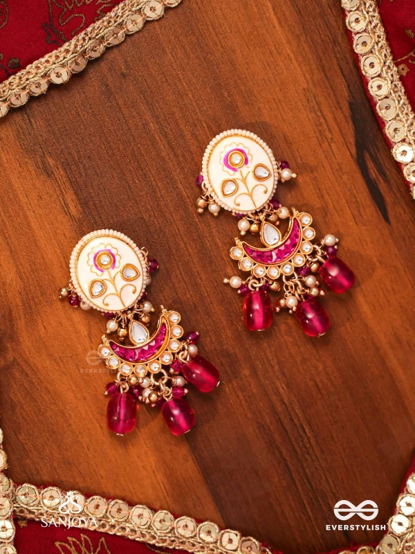 KAMALANGI - LOTUS-BODIED- FLORAL ENAMEL CENTRE DESIGN EARRINGS WITH TRIPLE CHAIN LAYERS AND RUBY BAEDS AND PEARLS