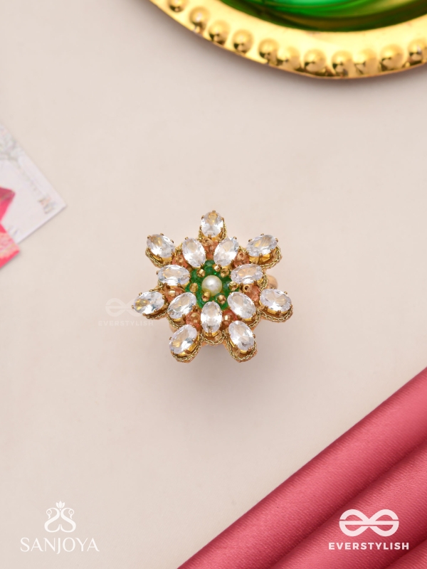 HIMANSHIKA - SNOW-KISSED- FLORAL RING WITH WHITE GEMSTONES AND PEARL CENTER
