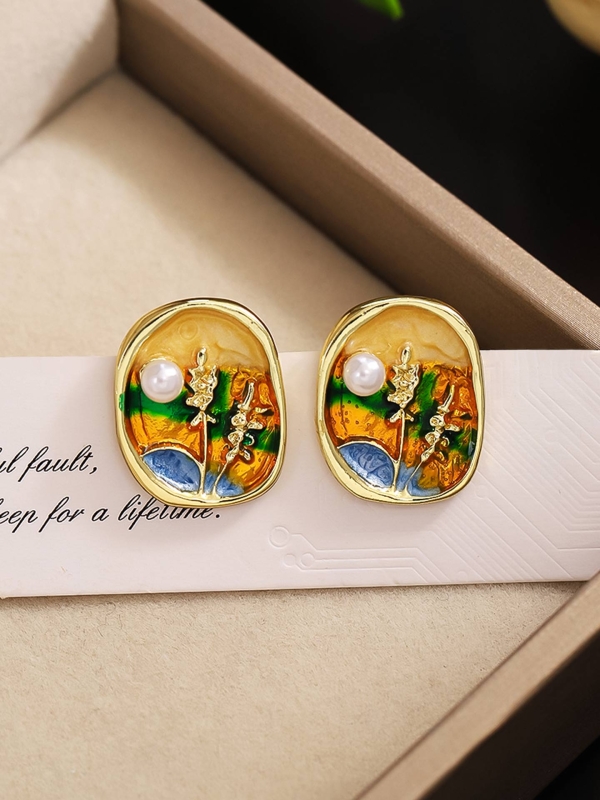 SUNLIT BLOOM-  ENAMEL EARRINGS WITH FLORAL MOTIF AND PEARLS