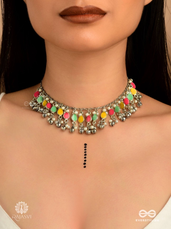 BOLLY BEAT - OXIDISED NECKLACE WITH NEON ENAMEL CHARMS