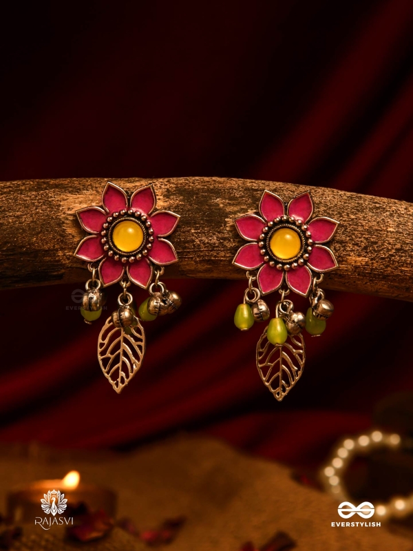 DESI FLORA – ENAMELLED OXIDISED DANGLERS WITH LEAF ACCENTS