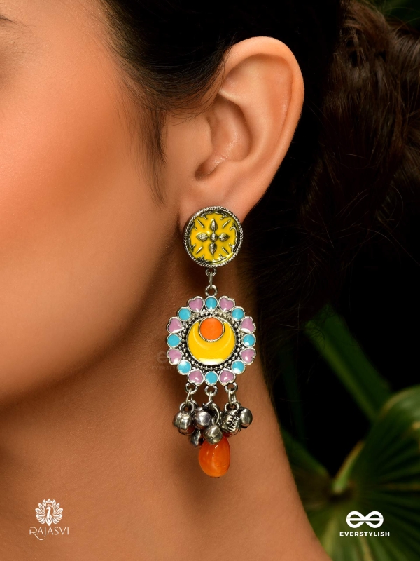 SUNBURST TWIRL – COLOURFUL OXIDISED DROP EARRINGS 