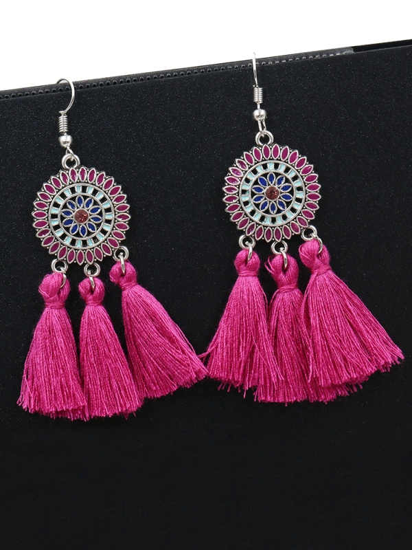 Vibrant motifs Dreamcatcher Tassel Earrings- Fuchsia