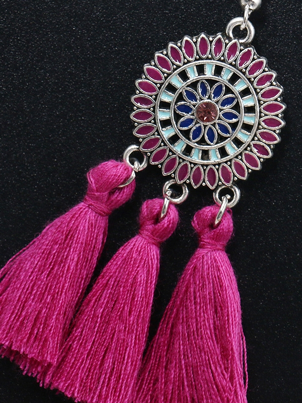 Vibrant motifs Dreamcatcher Tassel Earrings- Fuchsia