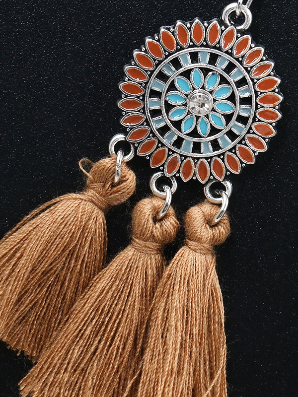 Vibrant motifs Dreamcatcher Tassel Earrings- Golden Brown