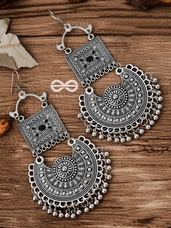 The Multilayered Embellished Trunk Danglers (Black) - Oxidised Boho Earrings