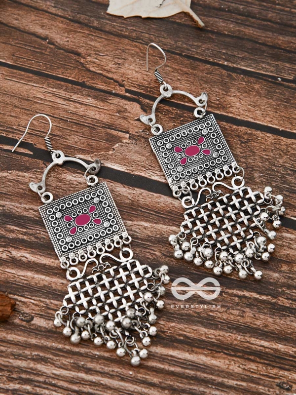 The Embellished Trunk Criss Cross Danglers (Pink) - Oxidised Boho Earrings