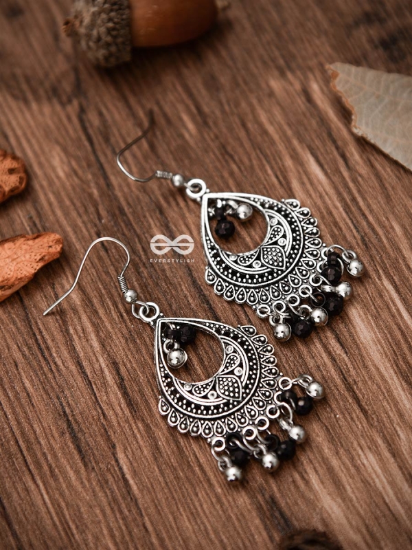 The Dangling Droplets (Silver-Black) - Oxidised Boho Earrings