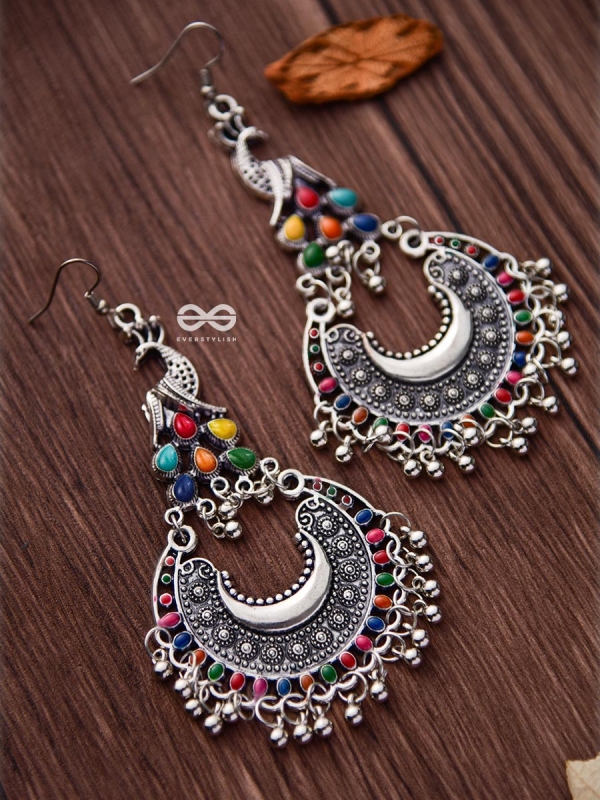 The Fanning Enamelled Peacocks - Oxidised Boho Earrings