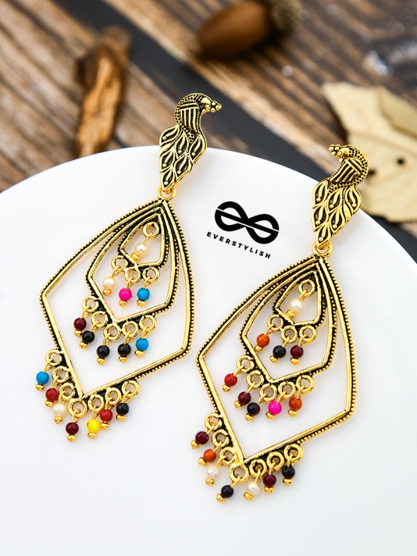 The Golden Layered Peacock Danglers - Oxidised Boho Collection