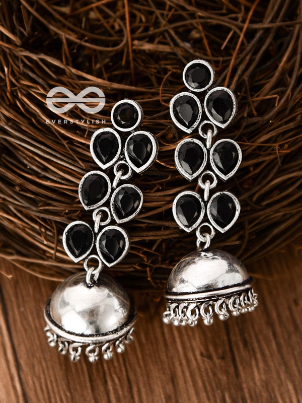 The Playfully Elegant Jhumkas (Onyx Black) - Embellished Oxidised Collection