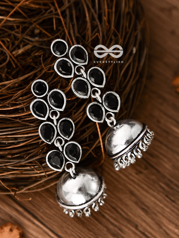 The Playfully Elegant Jhumkas (Onyx Black) - Embellished Oxidised Collection