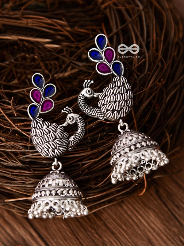 The Enamelled Dancing Peacocks Meenakari Artwork Jhumkas - (Pink-Blue)