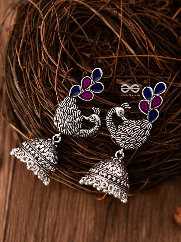 The Enamelled Dancing Peacocks Meenakari Artwork Jhumkas - (Pink-Blue)