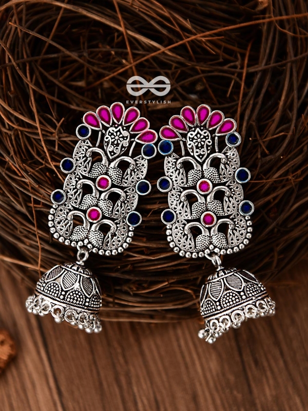 The Intricate Enamelled Peacocks Meenakari Artwork Jhumkas - (Pink-Blue)
