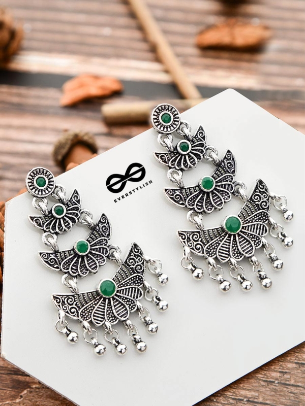 The Embellished Oxidised Collection - Triple Delight Earrings - Green
