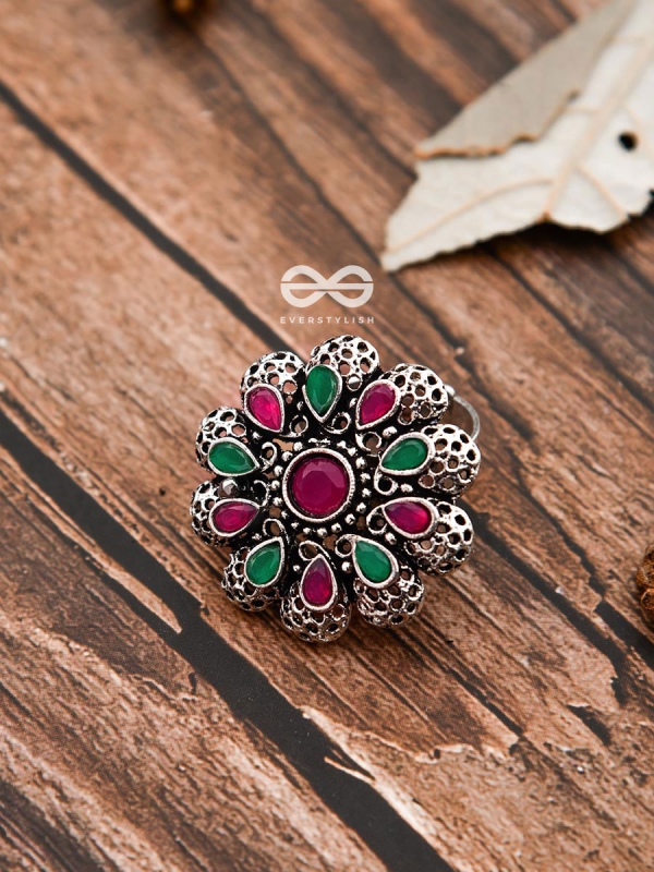 The Scarlett Ring (Adjustable) - Ruby-Emerald - The Embellished Oxidised Collection