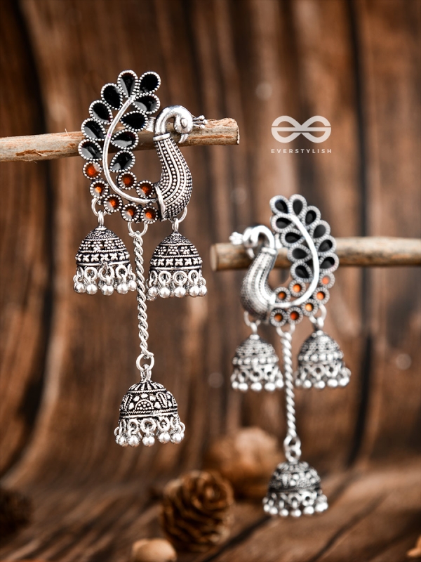 The Enamelled Peacocks Triple Jhumki Statement Earrings - Black-Brown