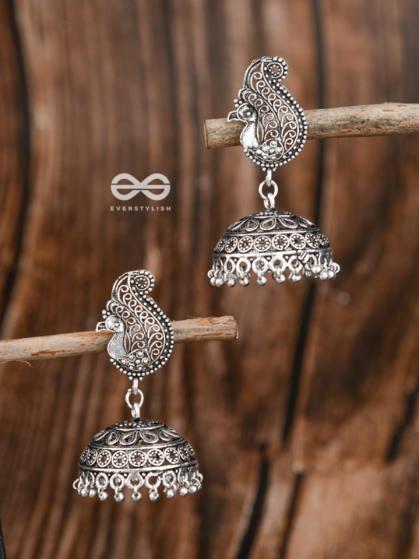 The Intricate Peacock Jhumkis - Oxidised Boho Earrings