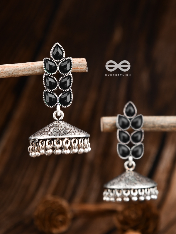 The Olive Branch Intricate Jhumkis - Onyx Black - The Embellished Oxidised Collection