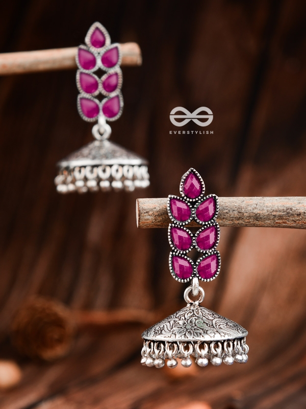 The Olive Branch Intricate Jhumkis - Ruby Red - The Embellished Oxidised Collection