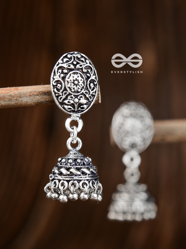 Little Floral Artwork - Oxidised Jhumki Earrings