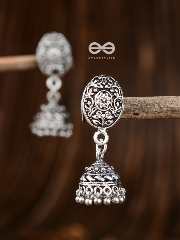 Little Floral Artwork - Oxidised Jhumki Earrings
