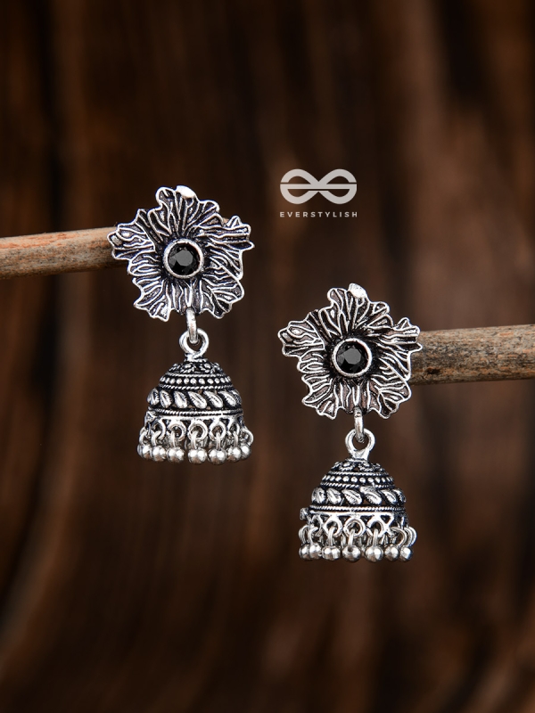 The Artsy Floral Jhumkis (Onyx Black) - Embellished Oxidised Collection