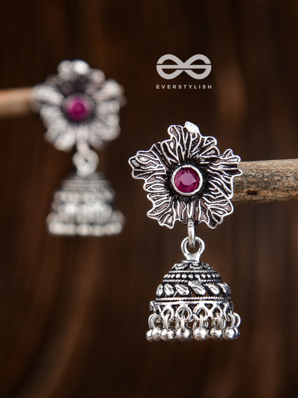 The Artsy Floral Jhumkis (Ruby Red) - Embellished Oxidised Collection
