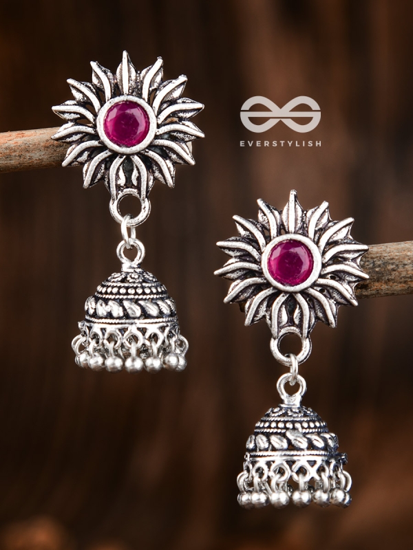 The Artsy Floral Jhumkis (Ruby Red) - Embellished Oxidised Collection