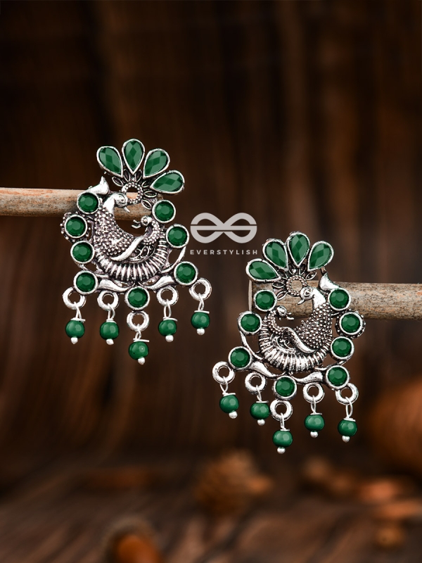 The Dangling Peacock Studs (Emerald Green) - Embellished Oxidised Collection