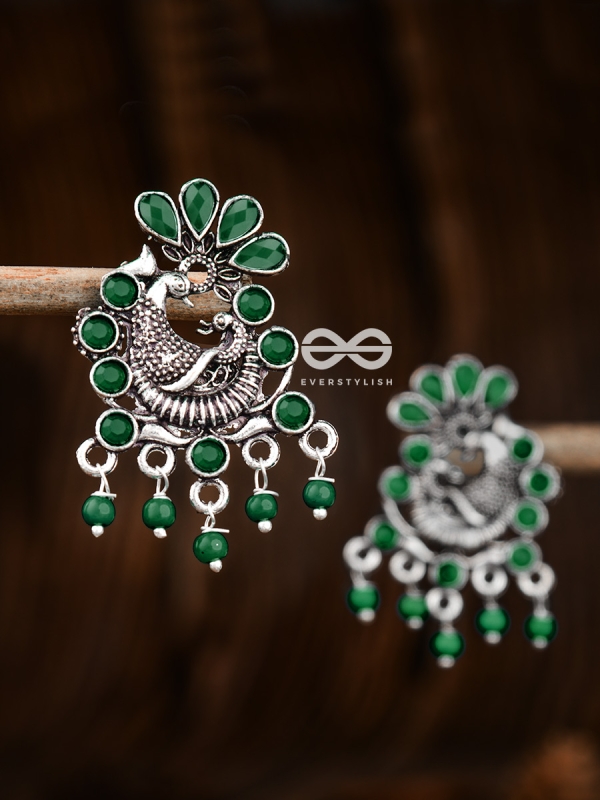 The Dangling Peacock Studs (Emerald Green) - Embellished Oxidised Collection