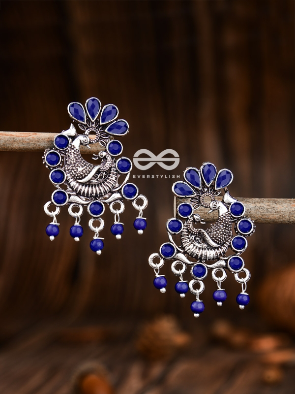The Dangling Peacock Studs (Sapphire Blue) - Embellished Oxidised Collection
