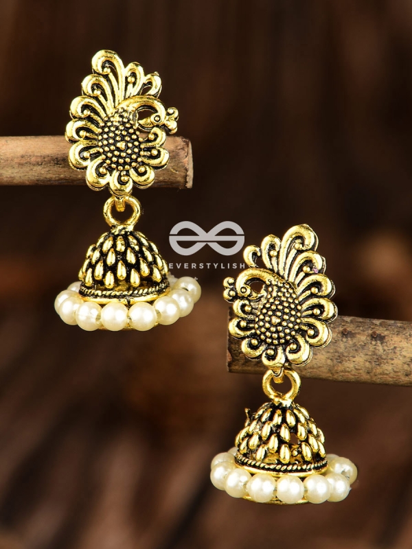 The Tiny Golden Peacock Pearl Jhumkis - Tiny Trinket Earrings