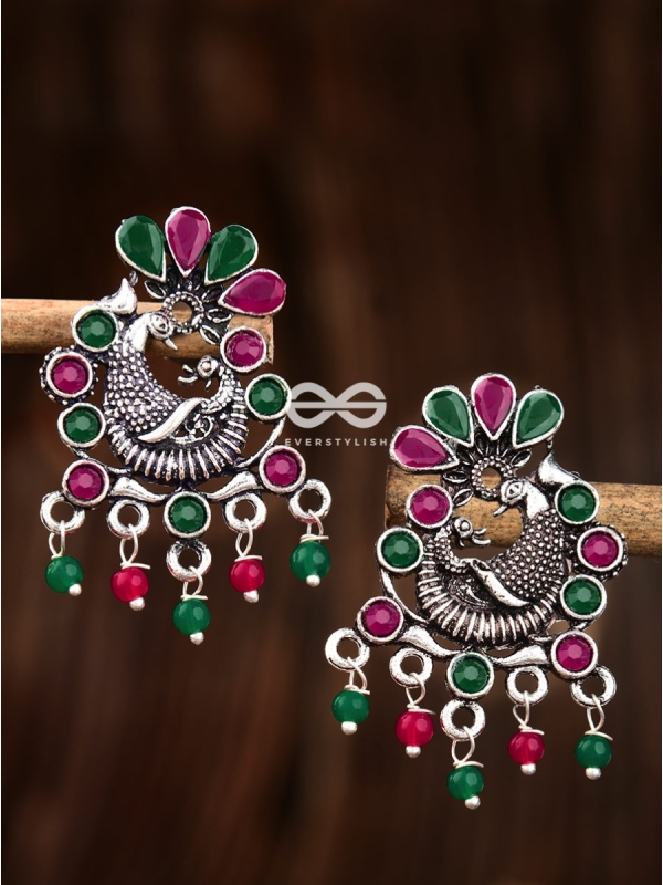 The Dangling Peacock Studs (Ruby Emerald) - Embellished Oxidised Collection