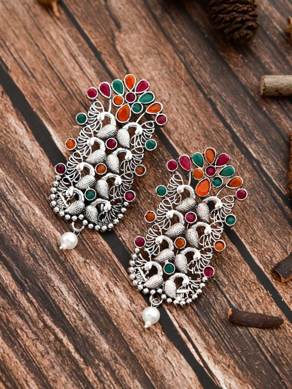 The Pretty Peacock Artwork - Oxidised Boho Earrings - Multicolour