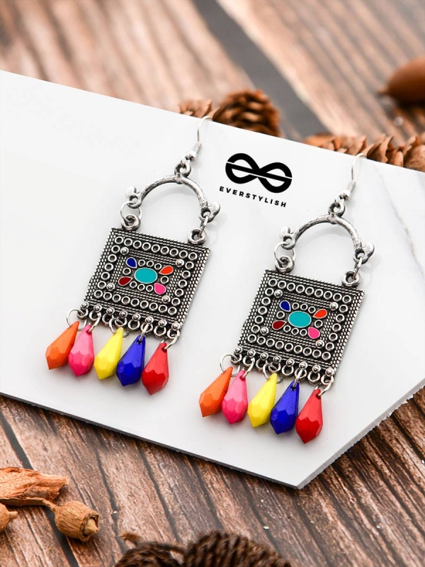 The Embellished Trunk - Oxidised Boho Earrings - Multicoloured Droplets