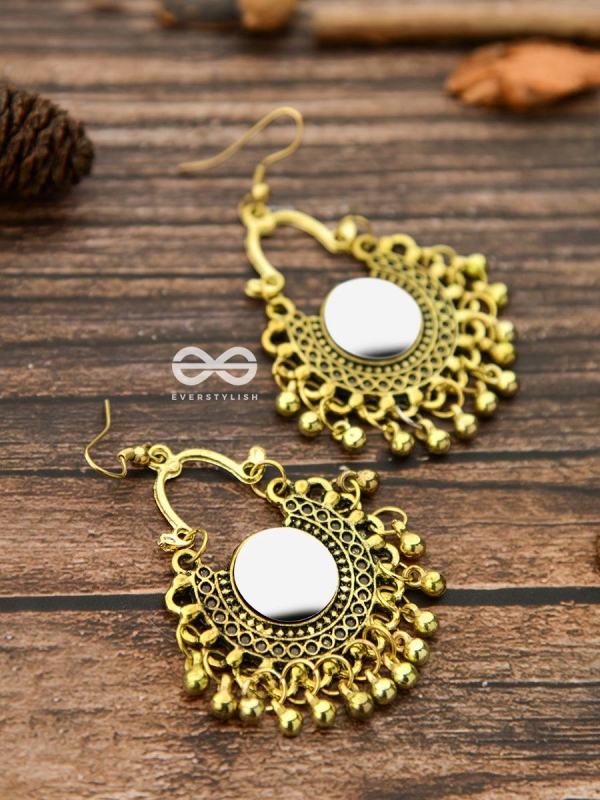 Motif Mirrors on My Ears - Oxidised Boho Earrings - Golden