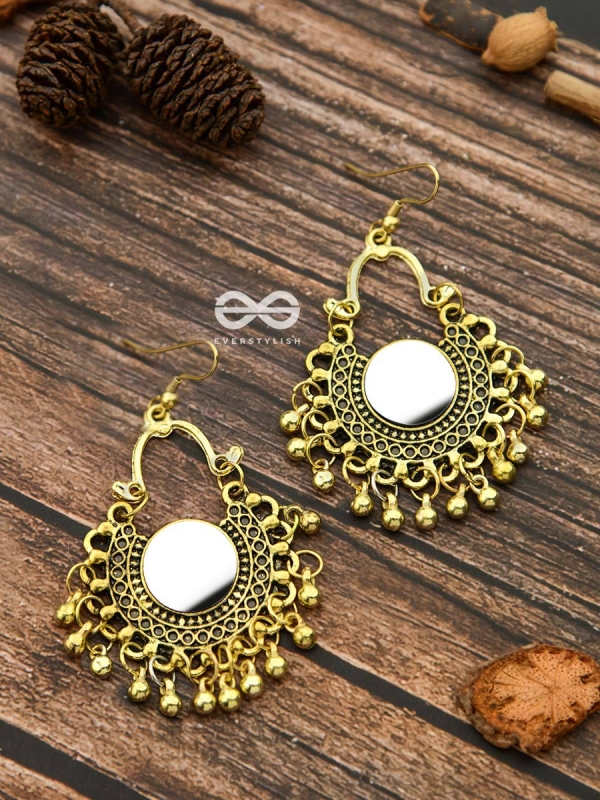 Motif Mirrors on My Ears - Oxidised Boho Earrings - Golden