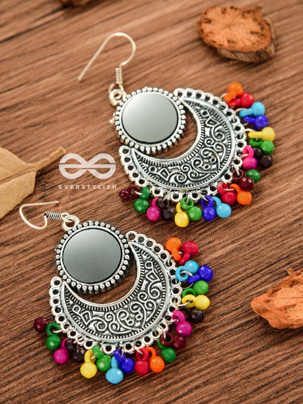 The Mirror Motifs- Oxidised Boho Earrings - Silver Multicolour