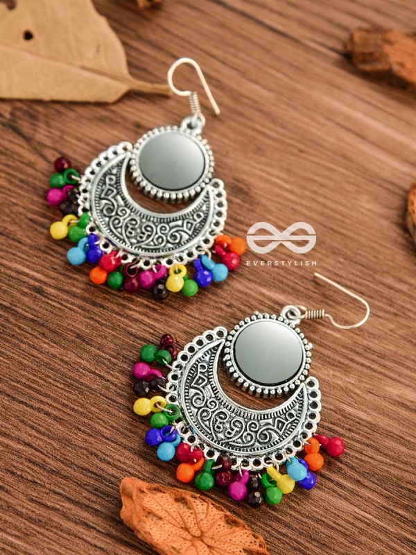 The Mirror Motifs- Oxidised Boho Earrings - Silver Multicolour