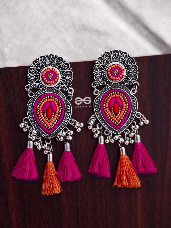 The Layered Tasseled Statement Makers (Pink-Orange) - The Embroidered Oxidised Collection