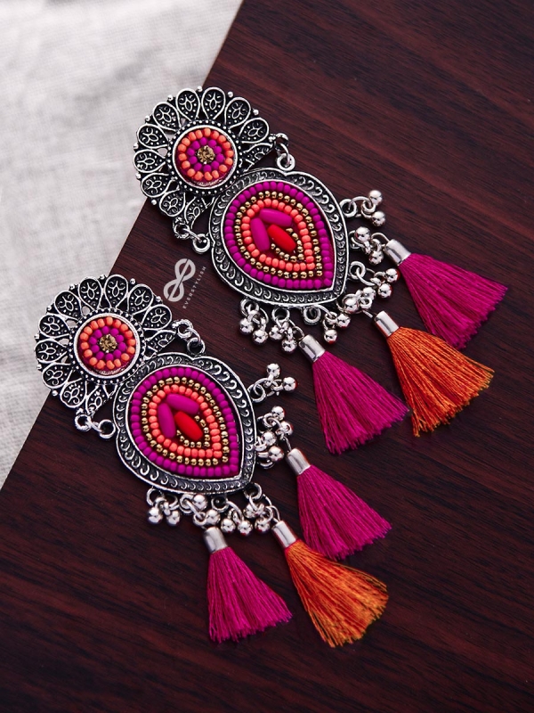 The Layered Tasseled Statement Makers (Pink-Orange) - The Embroidered Oxidised Collection